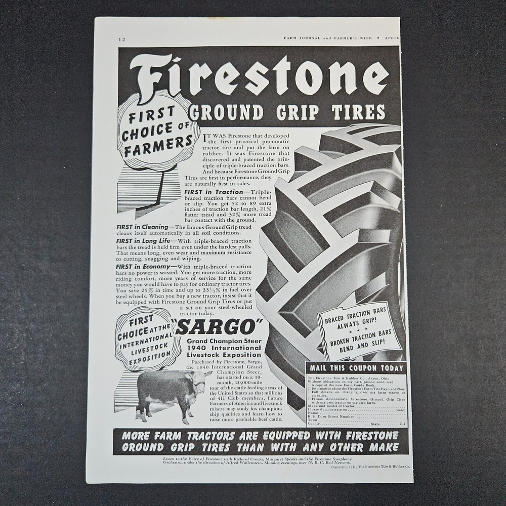 1941 Firestone Ground Grip Tires Tractor Vintage Print Ad Sargo Steer Farm‎ Shop